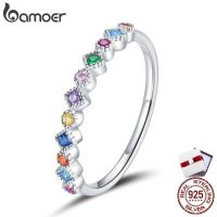 bamoer Sterling Silver 925 CZ Signet Ring Engrave Rainbow Finger Rings for Women wedding ring Size Korean Style Jewelry SCR697 j