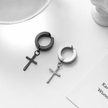 Clip-On Cross Earrings for Men - Pair Black