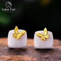 Lotus Fun Real 925 Sterling Silver Natural Ceramics Creative Handmade Fine Jewelry Lovely Butterfly Stud Earrings for Women