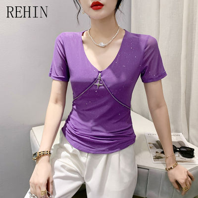 REHIN เสื้อยืดคอวีผู้หญิง,เสื้อยืดแขนสั้นมีซิปดีไซน์โดดเด่นแนวยุโรปใหม่ฤดูร้อน