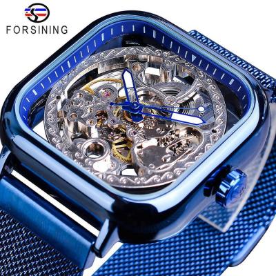 นาฬิกากลไกอัตโนมัติหรูหราดีไซน์ Gaun Modis สีฟ้านาฬิกาข้อมือกลวงสี่เหลี่ยมบางเฉียบนาฬิกาอะนาล็อกสายเหล็กตาข่ายของขวัญสำหรับผู้ชาย