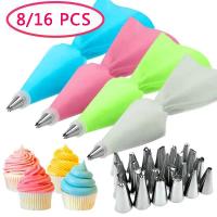 【CC】™◊  8/16PCS Silicone Pastry Tips Icing Piping Decorating Tools Reusable Bags Nozzle Set