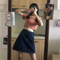 QearlLady ROK High Waist กระโปรงเดนิมสีน้ำเงินเข้มผู้หญิงกระโปรงทรงเอ504S128ฤดูร้อน