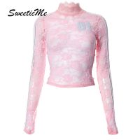 Sweeticme ใหม่ เสื้อยืดซีทรู แขนยาว คอเต่า ผ้าลูกไม้ สีพื้น เซ็กซี่ แฟชั่นสําหรับผู้หญิง 2023