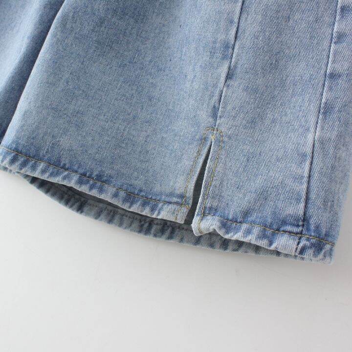 มีไซส์ใหญ่-plus-size-womens-wide-leg-denim-summer-shorts-elastic-waist-solid-color-casual-female-shorts-with-pockets