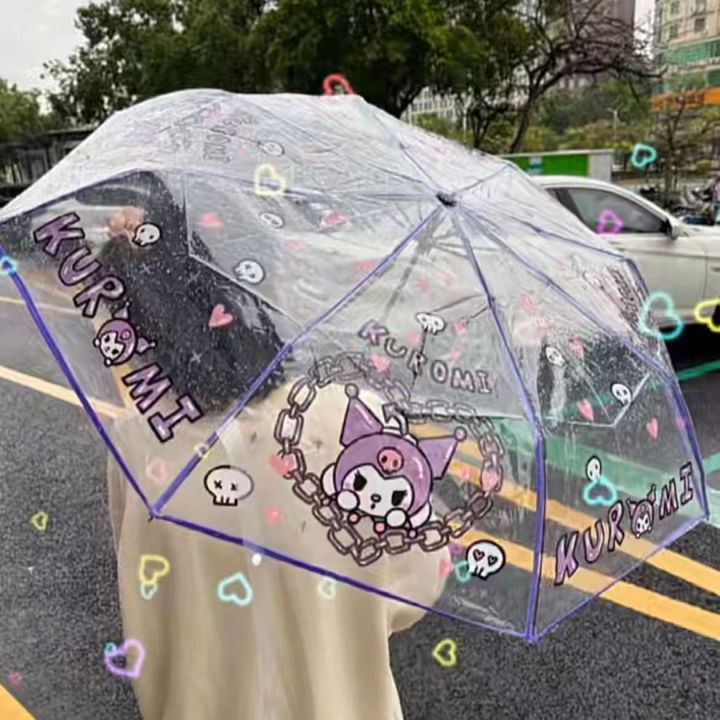 ร่มกอธโปร่งใสน่ารักสำหรับผู้หญิงฝนตกหนักลมร่มกันแดดเจ้าหญิงโรแมนติกโดมร่มกันฝนกันลมสามพับ