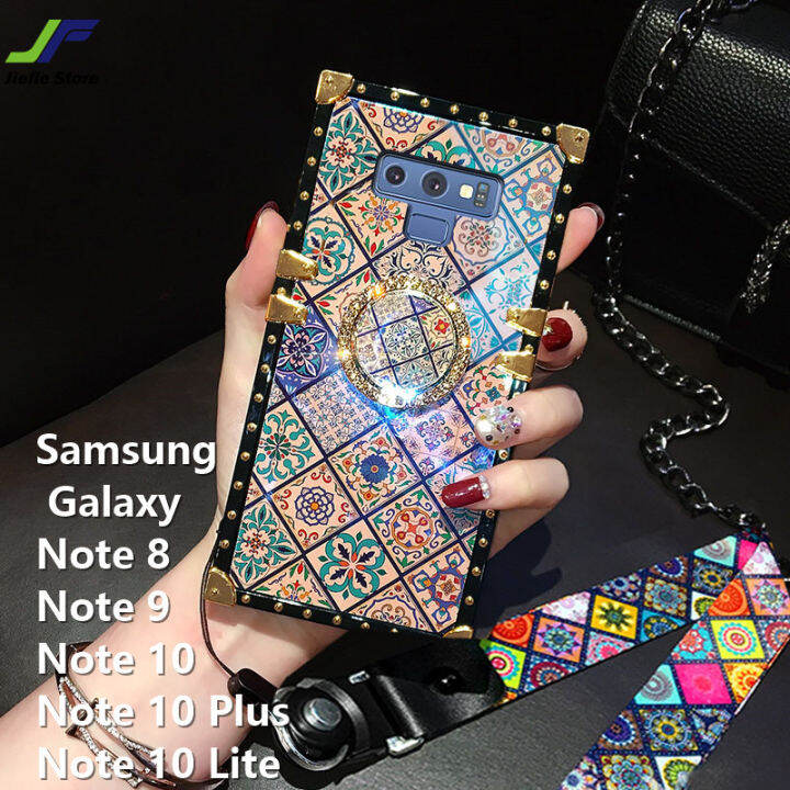 jiefie-blu-ray-สไตล์ชาติพันธุ์เคสโทรศัพท์สำหรับ-samsung-galaxy-note-8-หมายเหตุ9-หมายเหตุ10-หมายเหตุ10-plus-หมายเหตุ10-lite-luxury-square-กันกระแทกฝาหลัง-ขาตั้งโทรศัพท์และเชือกเส้นเล็ก