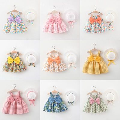 2023 Summer Clothes Girls Princess Style Dress Printing Cute Cotton Soft Sleeveless Dresses Toddler New Floral Skirt Round Hat