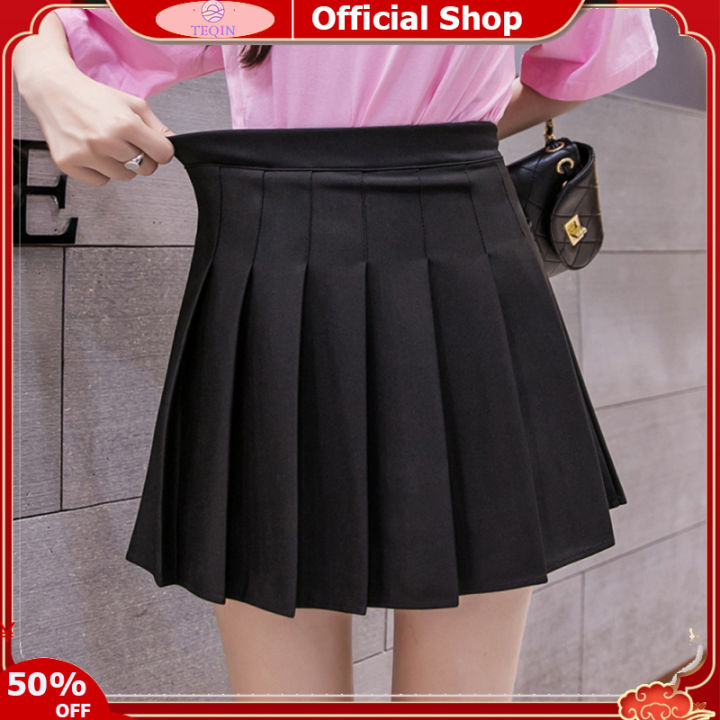 Women Girls High Waisted Plain Pleated Skirt Skater Tennis School