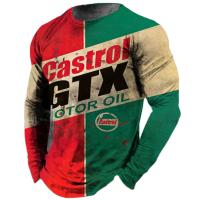 Vintage Mens T Shirt Long Sleeve Cotton Top Tees Castrol Oil Graphic 3D Print Motorcycle T-shirt Oversized Loose Biker Clothing