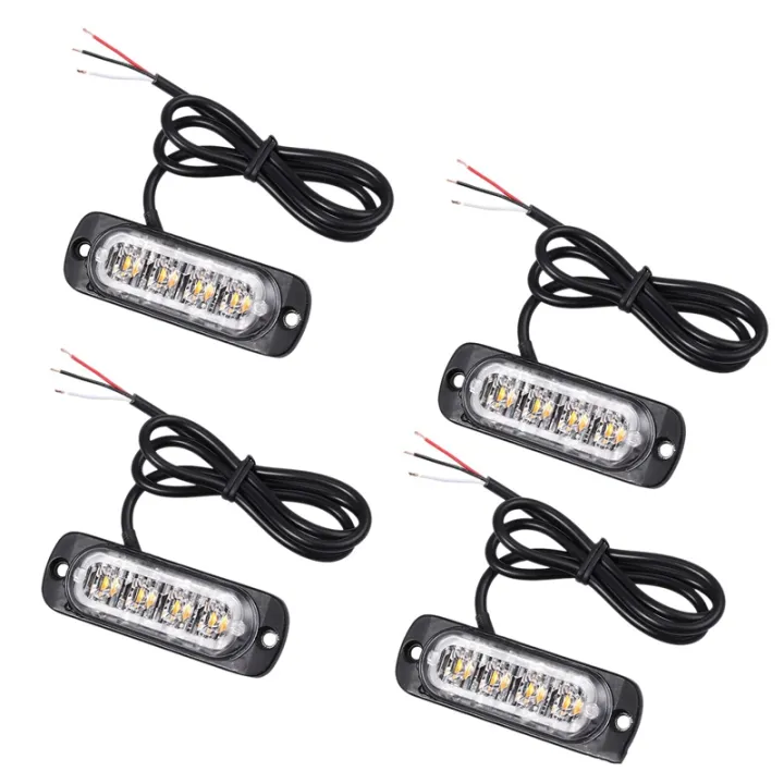 4Pcs 4 Led Amber Recovery Strobe Lights 12V 24V Orange Grill Breakdown