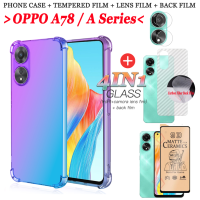 (4 In 1) สำหรับ OPPO A78 A17 A17K A58 A98 A15 A15S A16 A16K A16S A12 A5S เคสโทรศัพท์ + ฟิล์มป้องกันกระจกนิรภัยแบบเต็มหน้าจอ + ฟิล์มเลนส์กล้อง + ฟิล์มด้านหลังคาร์บอนไฟเบอร์