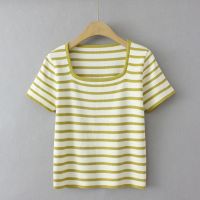 【มีไซส์ใหญ่】Plus Size Womens XL-4XL Knitted Ice Silk Summer T-shirts Oversized Slim Tops Vintage Short Sleeve Striped Female Top