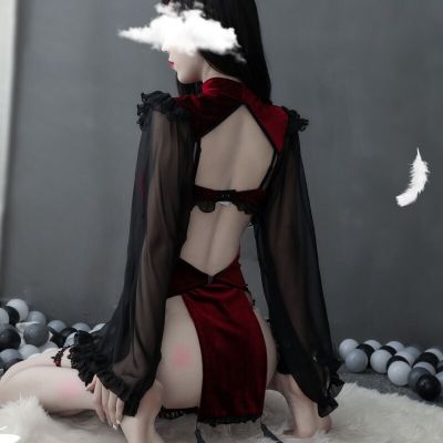 Punk Gothic Black Red Lace Sexy Lingerie For Women Maid Temptation Cute Evil Demon Cosplay Sleepwear Set Halloween Costumes