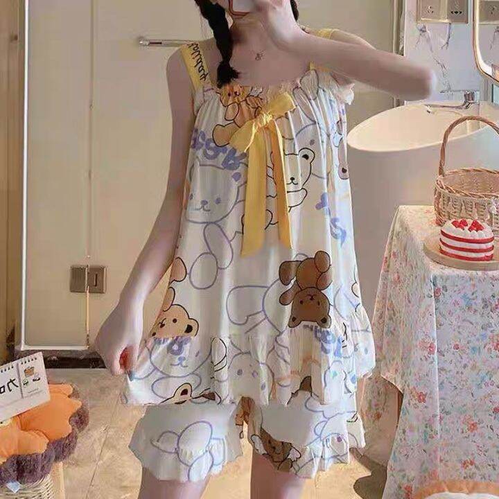 พร้อมส่ง-124-ถูกที่สุดชุดนอน-ชุดนอนผู้หญิง-เซตชุดนอนเสื้อสายเดี่ยว-กางเกงขาสั้น-พรอมส่ง