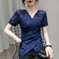 Plus Size Lace All-Match V-Neck Short-Sleeved Blouse Fashion Slim Top Women Blouse