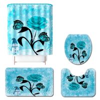 4PcsSet Christmas Flower Toilet Rug Shower Curtain Bath Mat Pedestal Rug Lid Toilet Cover Combination Floor Mat