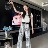 【 IN  STOCK】2023 Early Spring/Summer New Letter Contrast Printing Straight Leg Wide Leg Pants Versatile Slim and High Elastic High Waist Pants