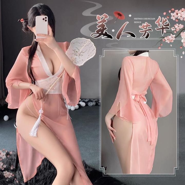ชุดคอสเพลย์-hanfu-ชุดชั้นในเซ็กซี่สำหรับผู้หญิงชุดจีนหรูหราสไตล์โบราณสีชมพูเข้มผ้าคอสเพลย์