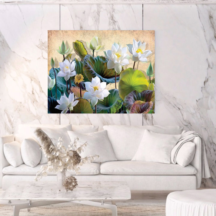 40x30ซม-ภาพวาดเพชรlotus-5dภาพวาดเพชรelegantดอกบัวสีขาวเจาะเต็มรอบภาพหัตถกรรม