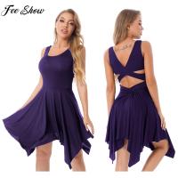 Lady แขนกุด Lyrical Dance Dress Asymmetrical Hem Ballroom Ballet Leotard Dress Cutout Dancewear Stage Performance เครื่องแต่งกาย