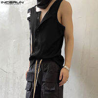 [ดีเลิศ] เสื้อยืดผู้ชาย INCERUN ติดกระดุมเสื้อเชิ๊ตเสื้อกล้ามคอวีเข้ารูปกล้ามฟิตเสื้อกีฬาเข้ายิมเพาะกาย (สไตล์เกาหลี)