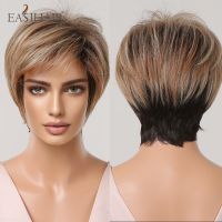 EASIHAIR Short Bob Brown Mixed Blonde Synthetic Wigs with Pixie Cut Bang Golden Hair Wigs for Women Daily Cosplay Heat Resiatant Wig  Hair Extensions