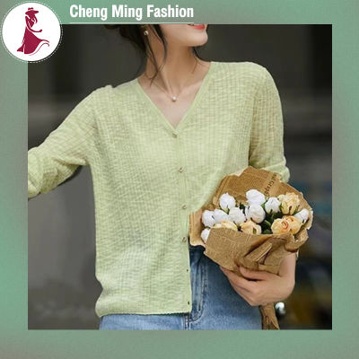 Cheng Ming เสื้อปรับอากาศคอวีสำหรับผู้หญิง,เสื้อคาร์ดิแกนถักม่านบังแดดแบบบางเส้นด้ายทอฤดูร้อน