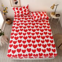 Bonenjoy Fitted Bed Sheet with Pillowcase Red Heart Printed White Color drap housse 180x200cm Sheet on Elastic