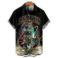 Mens Summer Shirts Printed Musical Guitar Turndown Apricot Black White Yellow Wine Red Street Casual Short Sleeves Button Up Printed Clothing Vintage Fashion Streetwear