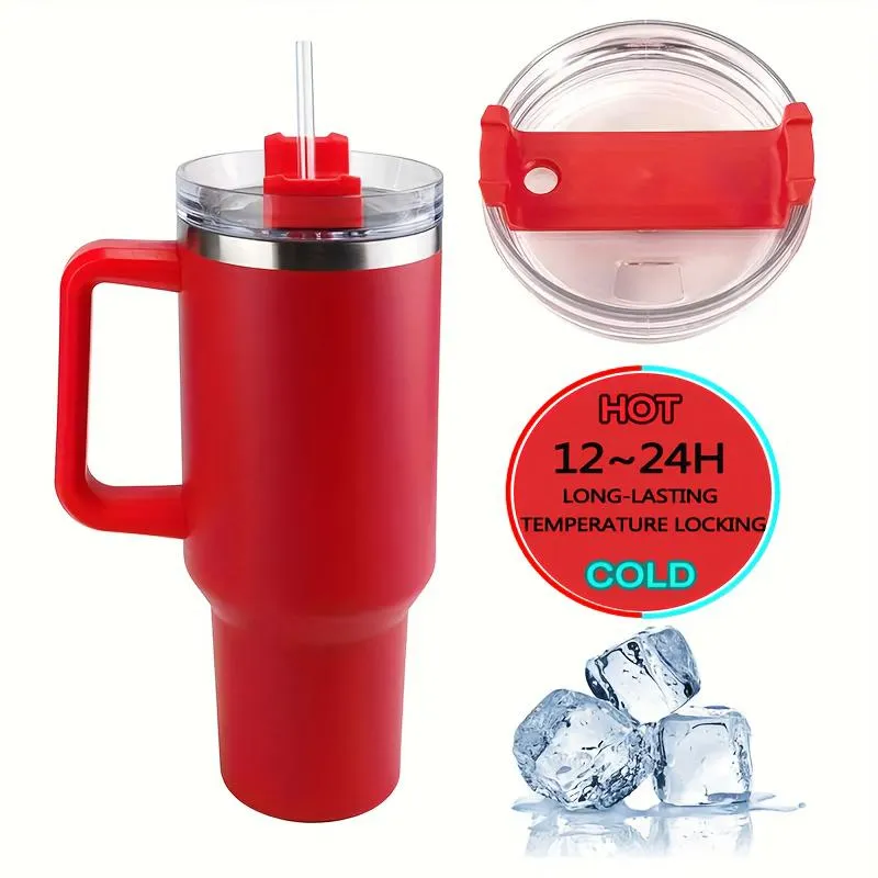 1pc 40oz Handle Drinking Tumbler With Straw And Lid Stainless Steel Vacuum  Insulated Double Wall Water Bottle