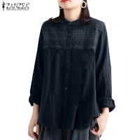 ✢ ZANZEA Womens Casual Stand Collar Long Sleeve Patchwork Lace Cardigan Shirts