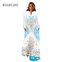 WAYOFLOVE Woman Spring Autumn Long Sleeve Long Dress White Elegant Beach Casual Vestids Party Print V Neck Loose Vintage Dresses