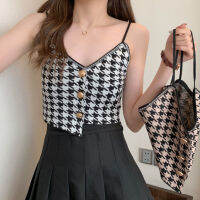 Aki20การออกแบบใหม่สไตล์เกาหลี Houndstooth ถักยกทรงผู้หญิงสั้นบาง Bottoming ยอดนิยมอินเทรนด์เสื้อลายดอกผญเสื้อแฟชั่นผญ2023เสื้อครอปเสื้อยืด ผญสวย ๆ