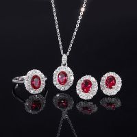 【lz】♨✧  Anel de noivado espumante zircônia cúbica para mulheres colar e brincos prata real conjunto de jóias de luxo criado em laboratório Halo Ruby S925