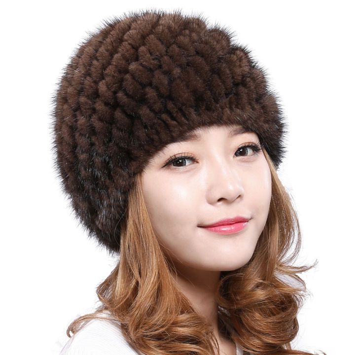 แฟชั่นใหม่ของแท้จริงธรรมชาติของผู้หญิงถักขนมิงค์หมวกมือทำถักแฟชั่นฤดูหนาวหมวกหมวกเบเร่ต์หมวก