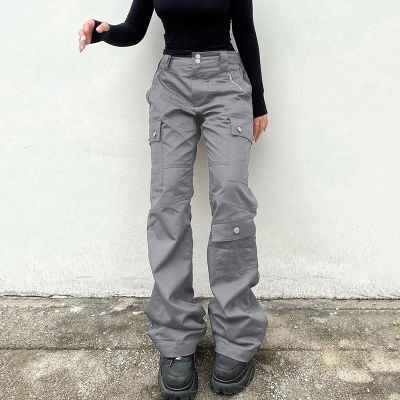 90วินาทีวินเทจผู้หญิงกางเกงเอวต่ำย้อนยุคสีเทาเย็บกระเป๋ากางเกงคาร์โก้แฟชั่นเกาหลีฮาราจูกุกางเกง Streetwear