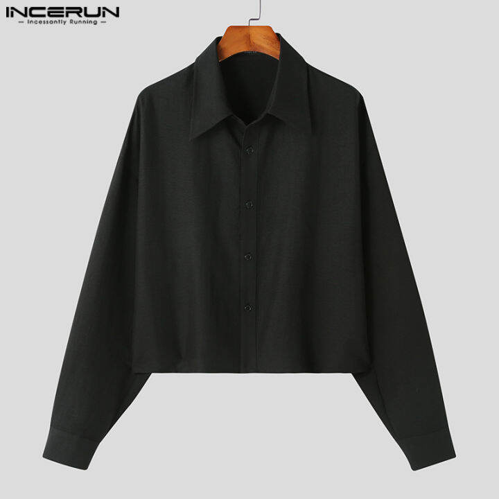 incerun-เสื้อครอปเนื้อแขนยาวสำหรับผู้ชายเสื้อทรงหลวมสวมใส่สบาย-สไตล์เกาหลี