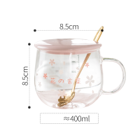 400ml Sakura Glass Coffee Mug With Spoon&amp;Ceramic Lid Heat Resistant Tea Cup Set Transparent Breakfast Milk Juice Drinking Glass