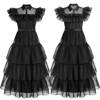 NNJXD Wednesday Addams Dress for Girls Costume Kid Evening Party Dress Fancy Girl Halloween Carnival Costume