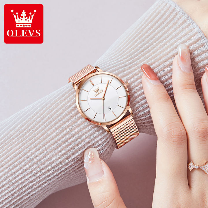 นาฬิกา-olevs-สำหรับผู้หญิงเซ็ตนาฬิกาข้อมือสตรีสายเหล็กมิลานสวยหรูสไตล์เกาหลีกันน้ำของแท้