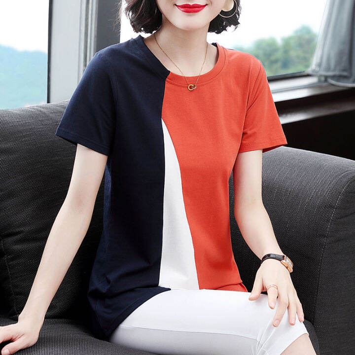M-5Xl Fat Female 100Kg Can Wear Stitching Color Long T-Shirt Women  Short-Sleeved Oversized Loose Round Neck New Fashion Plus Size T-Shirt  Ladies Tops | Lazada Ph