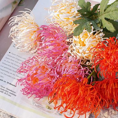 【cw】 3 Heads golden chrysanthemum branch plastic Artificial flowers floreswedding home decoration plant green leaves