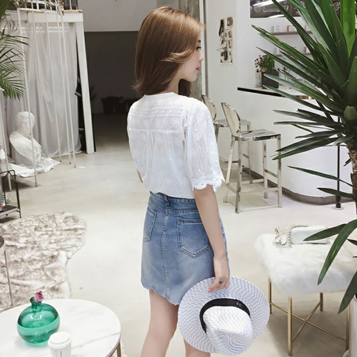 women-blouse-lace-hollow-korean-top-sweet-loose-blouse-white-shirts-women-v-neck-blouse-half-sleeves-solid-blouse-tops-cotton-shirts