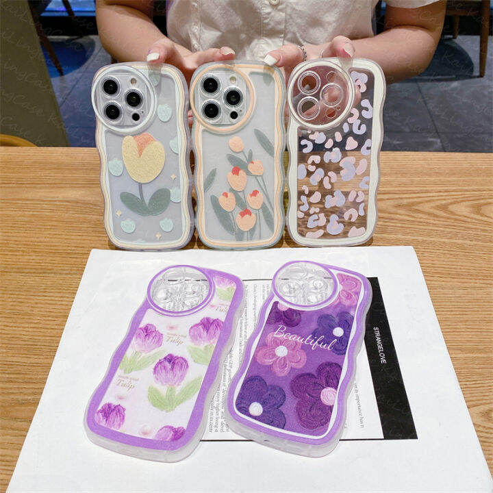 เคสโทรศัพท์สำหรับ-samsung-galaxy-a14-a24-a04-a54-a34-a53-a03s-m23-a02-a03-core-a7-2018-g530-j2-pro-j7-j6-j4สุดหรูเคสสีชมพูเสือดาวสีม่วงดอกไม้ทิวลิปซอฟท์ใสนิ่มป้องกันกล้องถ่ายรูปทรงกลมซิลิโคนทรงรีเต็มต