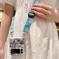 เคสสายสายคล้องแบบคาดตัวลายดอกไม้สีน้ำมันสำหรับ Samsung Galaxy Z Flip 3 4 5 5G เคส PC แบบแข็งบลูเรย์พร้อมเชือกสร้อย