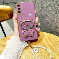 Kanavi เคสโทรศัพท์ชุบแฟชั่นสำหรับ Infinix Hot 10 Play Hot 11 Play Hot 12 12i ร้อน12 Hot 20 Hot 20 5G 20i ร้อน20S ร้อน20 Play ซิลิโคนนุ่มหรูหรา Quicksand Bear Makeup ฝาครอบโทรศัพท์แบบกระจกพร้อมสร้อยข้อมือไข่มุก