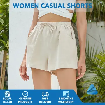 Womens Elastic Waist Casual Shorts Ladies Cotton Linen Pocket