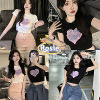 Rosie ?พร้อมส่ง? เสื้อยืด เสื้อครอปแขนสั้นพิมพ์ลายหัวใจ ทรงสลิม ผ้าดีนุ่มสบาย สำหรับผู้หญิง