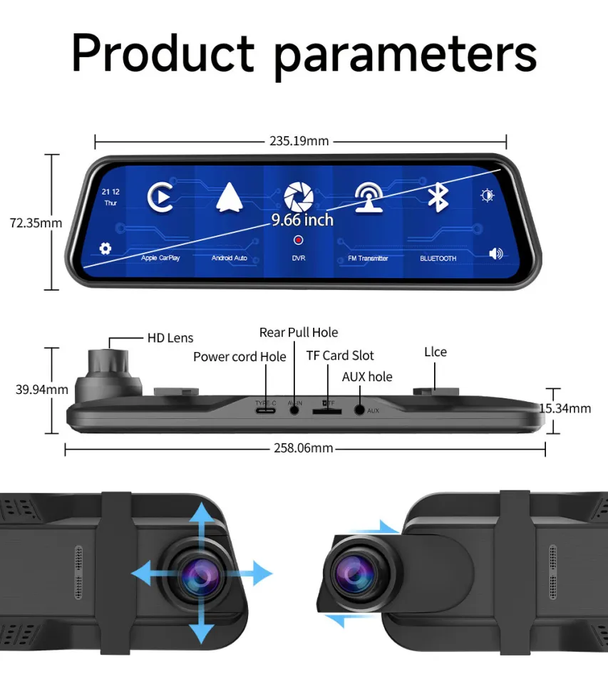 9.66 Dash Cam Mirror Wireless Apple CarPlay Android Auto Front